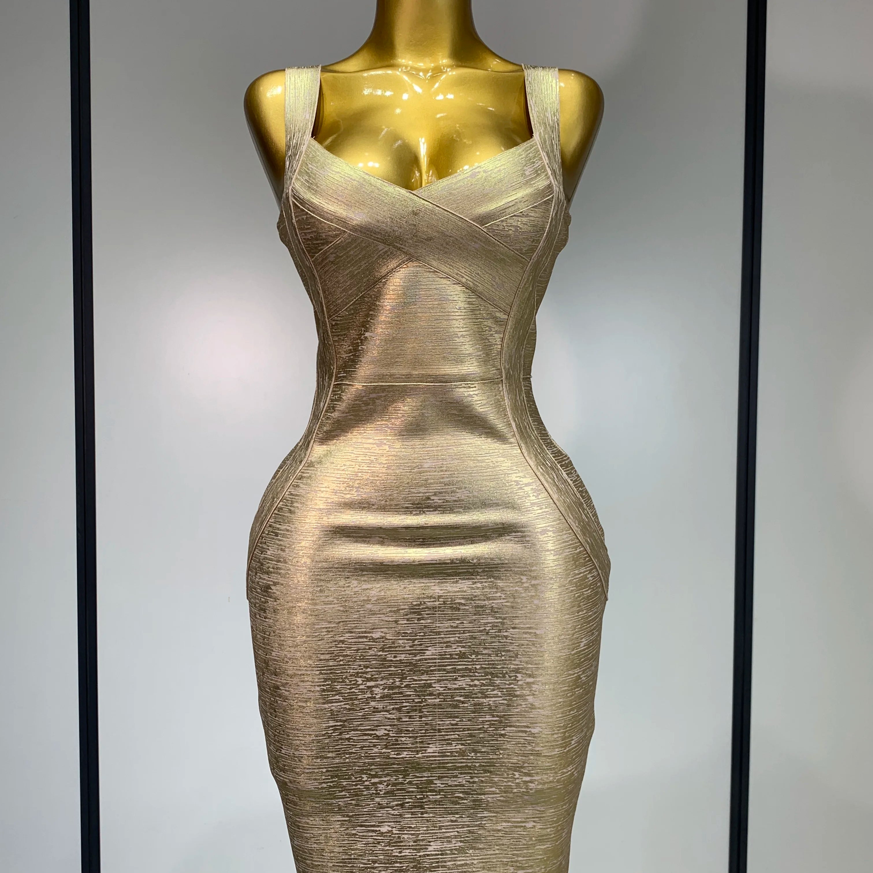 Women Sexy V Neck Bronzing Gold Midi Bodycon Bandage Dress 2025 Celebrity Elegant Evening Club Party Luxury Birthday Dress