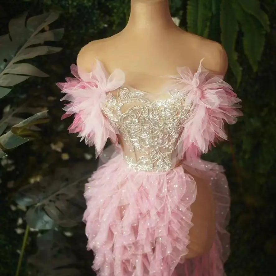 Fashion Women Sexy Strapless Ruffles 2 Pieces Bodycon Long Dress Celebrate Nightclub Party Performance Costume