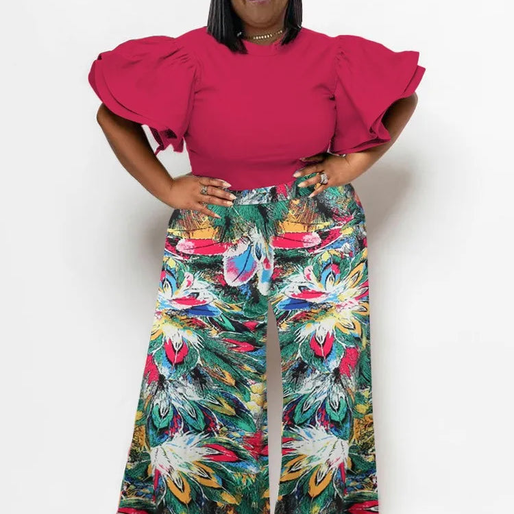 Plus Size Summer 2 Two Piece Set Women Ruffle Pleated Fashion Slim Ladies Blouses Floral Print Loose Pleated Woman Wide Leg Pant