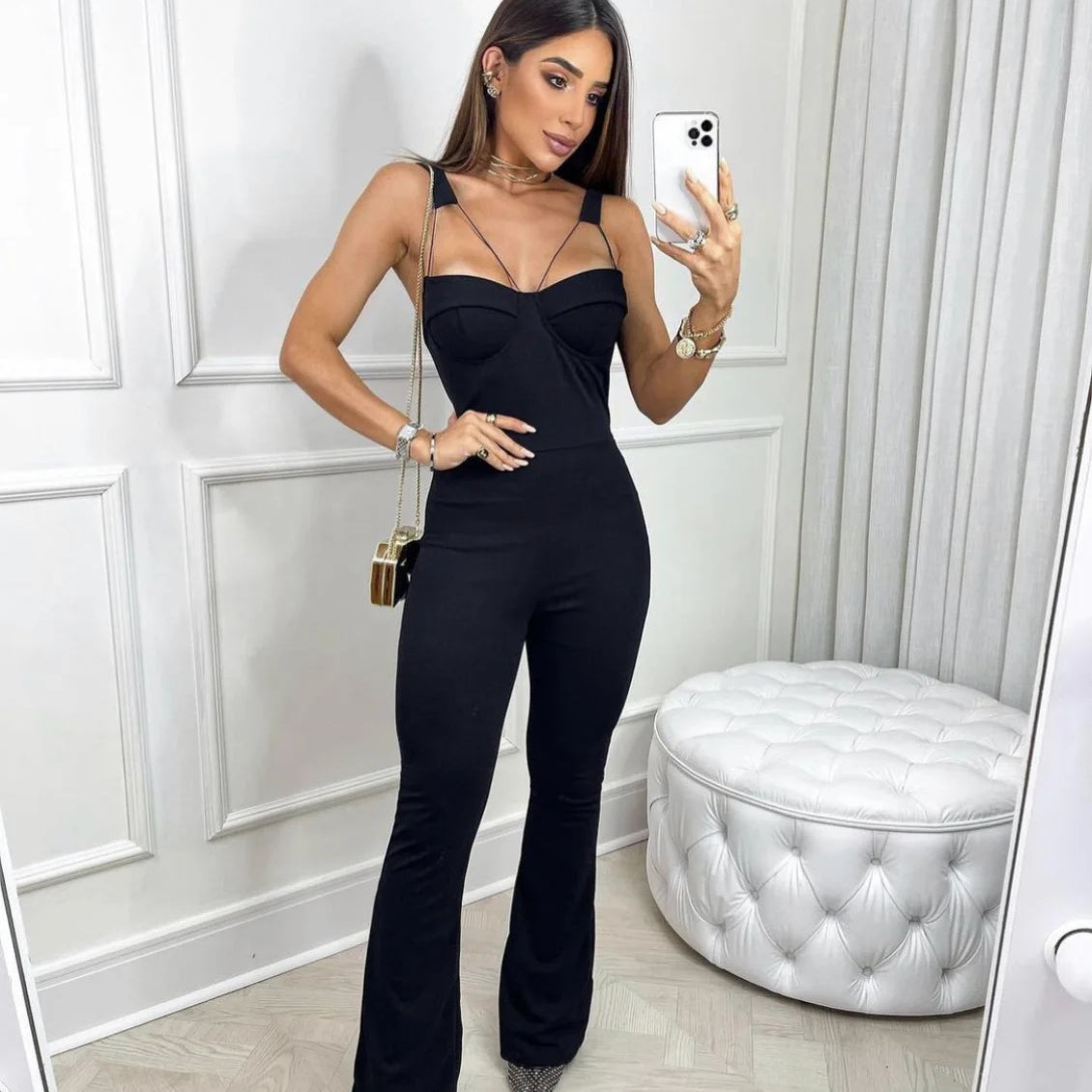 2023 New Arrival Sexy Hollow Out Spaghetti Strap Boot Cut Black Bandage Jumpsuit Fashion's Sexy Woman Evening Party Outfit
