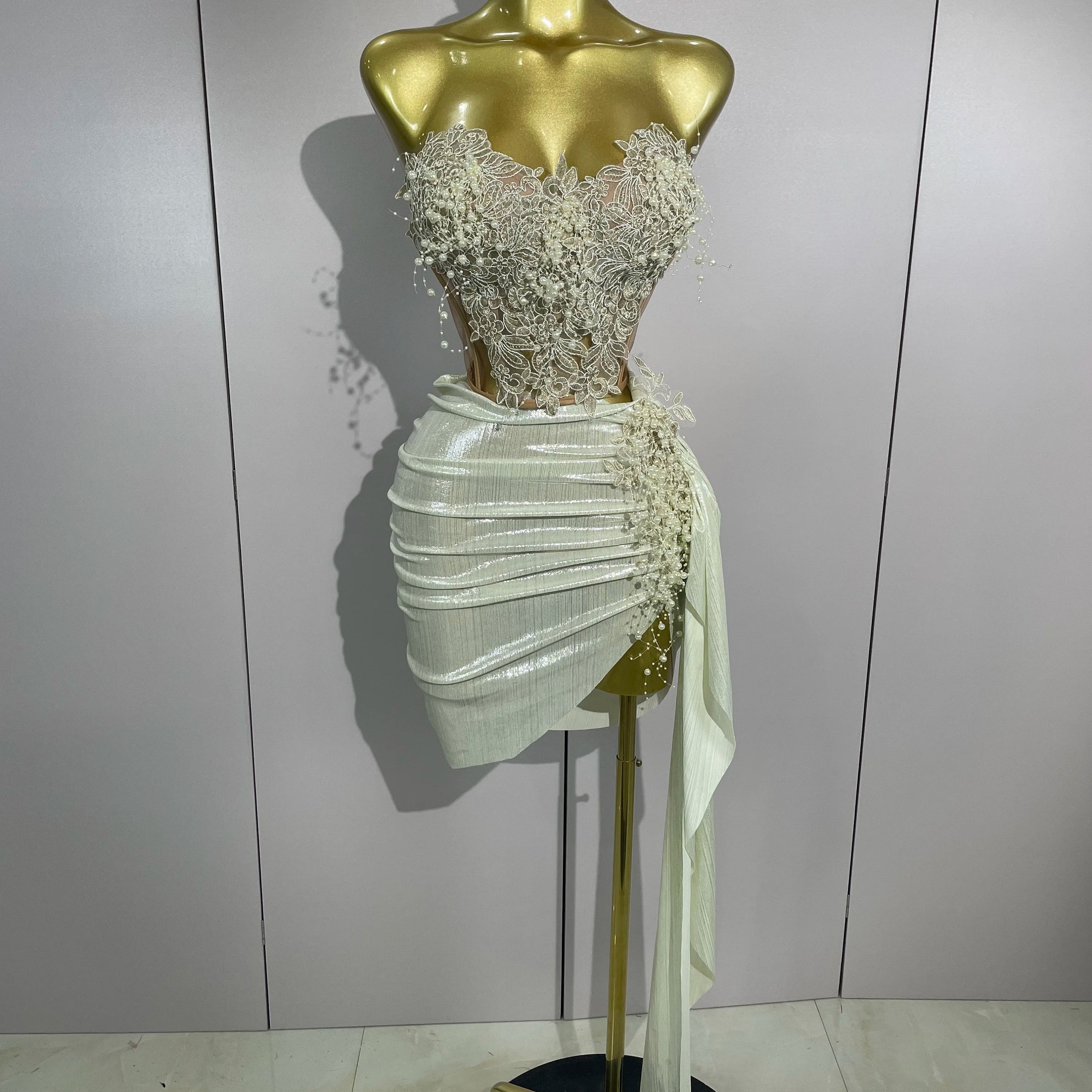 STOCK Luxury Shining Pearls Sexy Asymmetrical Skirt 2 PCS Set 2025 Women Evening Birthday Party Stage Dancer Performance Costume