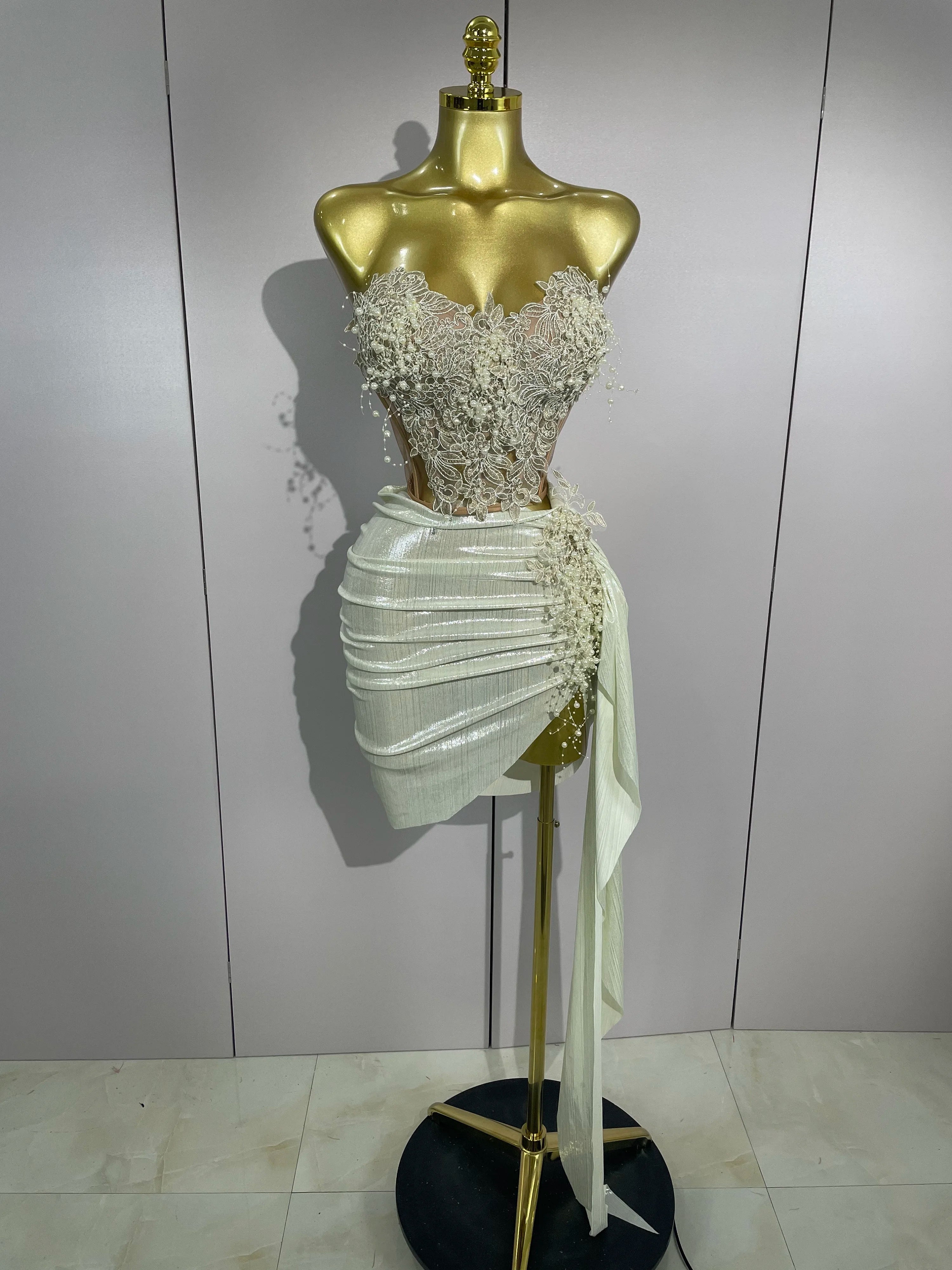 STOCK Luxury Shining Pearls Sexy Asymmetrical Skirt 2 PCS Set 2025 Women Evening Birthday Party Stage Dancer Performance Costume