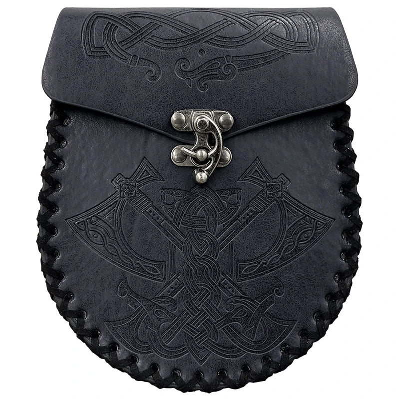 Leather Medieval Waist Pack, Vintage Handwork Belt Pouch Waist Bag Leather Belt Pouch Medieval Pouch Nordic Embossed Bag black3