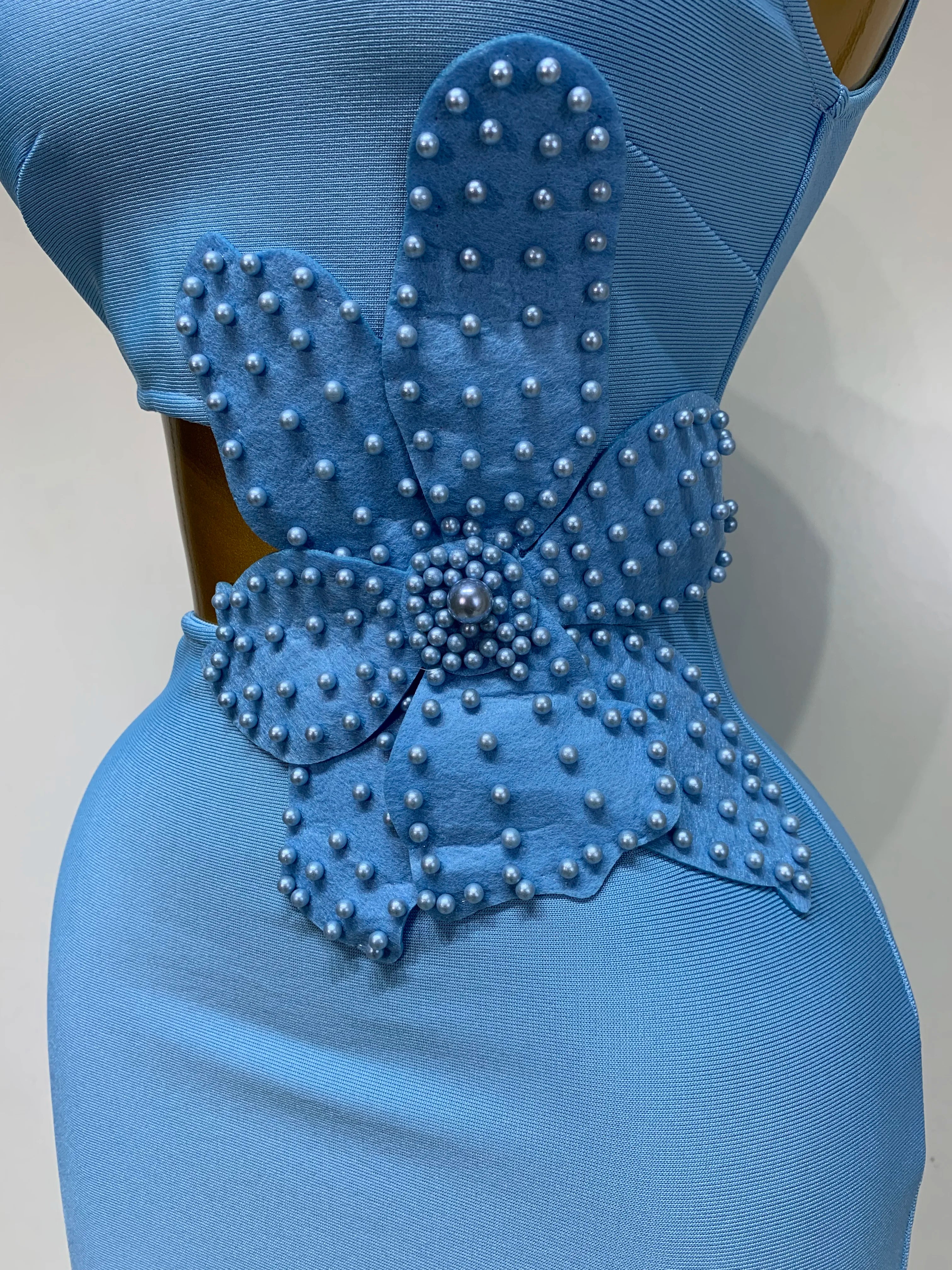 Women Sexy Luxury Birthday One Shoulder Pearl Sky Blue Bodycon Bandage Dress 2025 Celebrity Elegant Evening Club Party Outfit