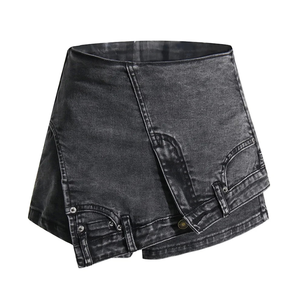TWOTWINSTYLE Patchwork Bolso Irregular Chique Denim Shorts Para Mulheres Cintura Alta Zíper Emendado Designer Calças Curtas Femininas Novas