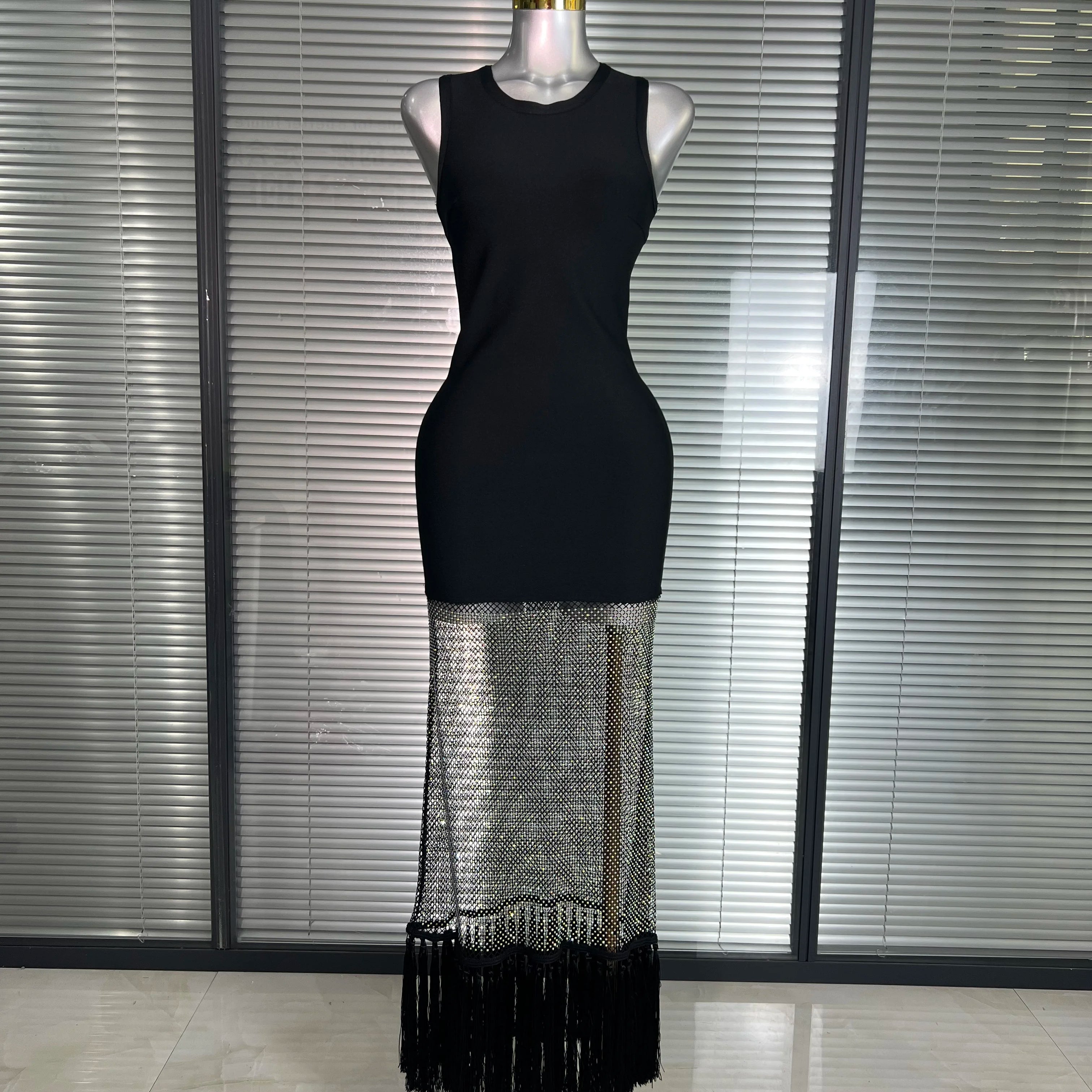 Summer New 2025 Women Black Tank Long Bodycon Bandage Dress Sparkly Shining Evening Party Dress Vestido