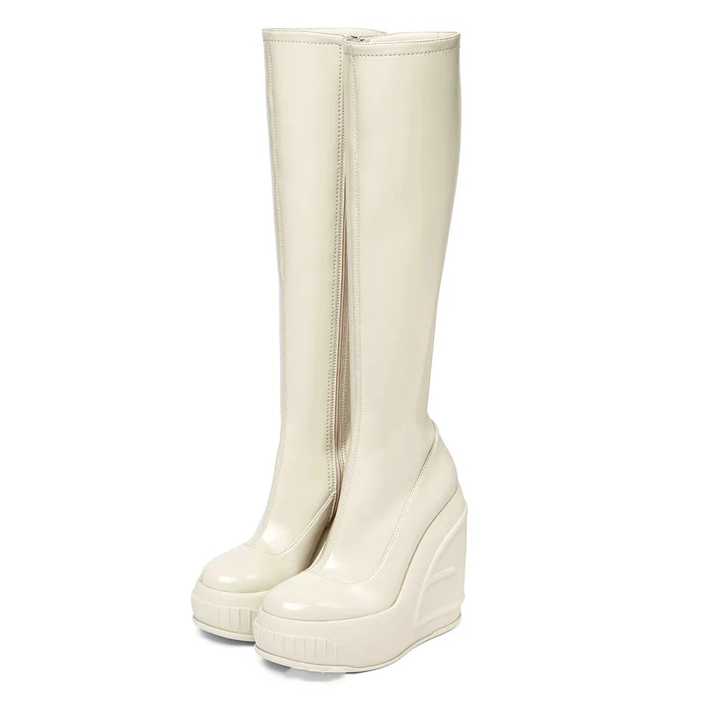 Spring New Slope Heel Thick Bottom Round Toe High Heel Boots Fashion Sexy Cross-border Women's Plus Size Knee-high Boots