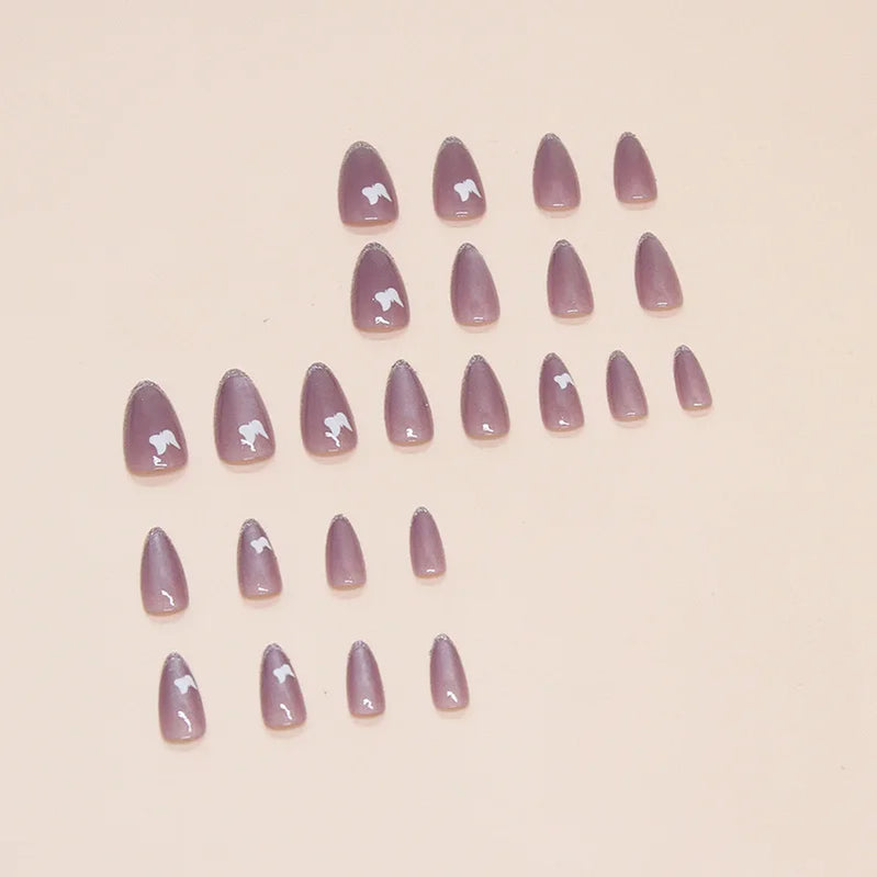 24pcs French Style Purple Cat Eyes Press on Nails White Butterfly Simple Almond Nails Full Cover Wearable False Nails