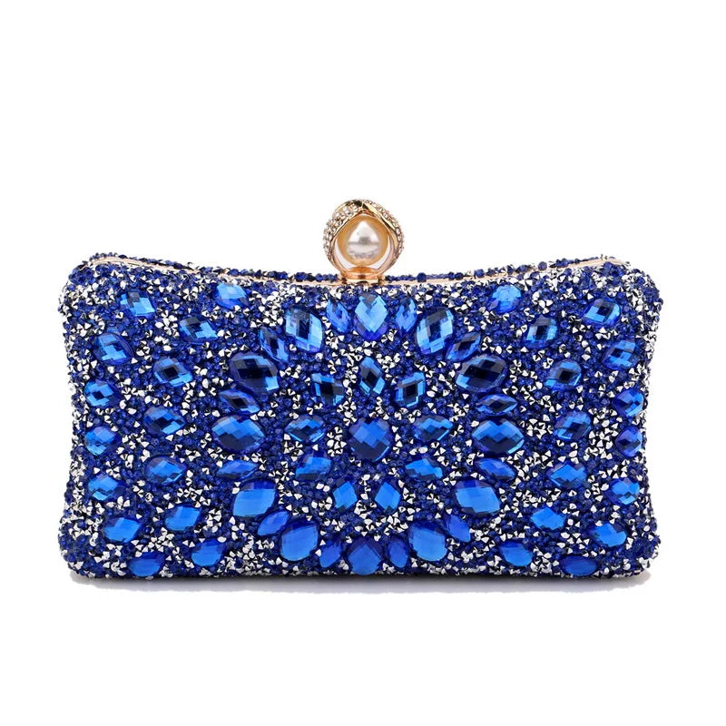 Rhinestones Women Bags Hollow Out Style Fashion Evening Bags Chain Shoulder Handbags Party Wedding Day Clutch Purse YM3218blue