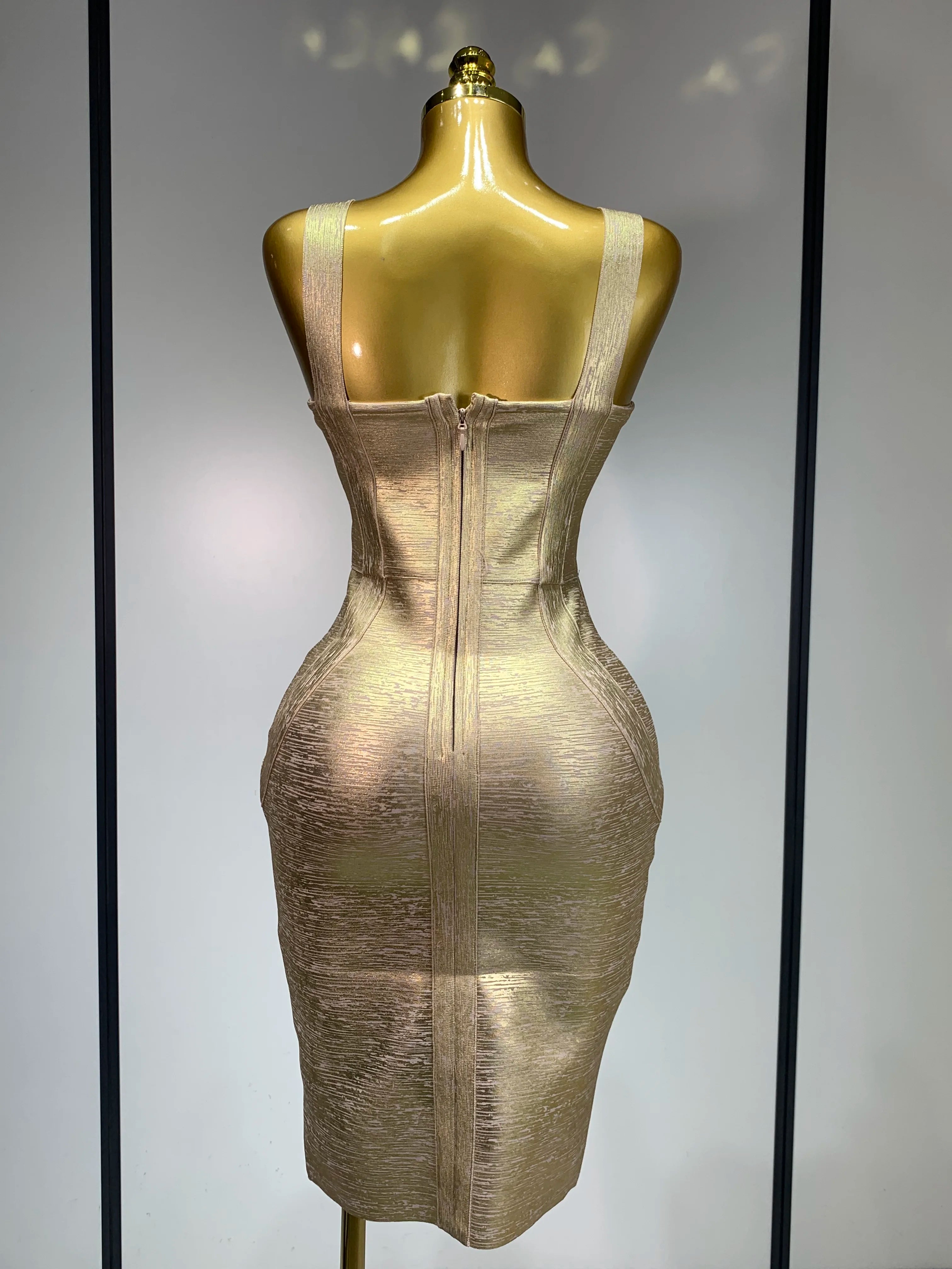 Women Sexy V Neck Bronzing Gold Midi Bodycon Bandage Dress 2025 Celebrity Elegant Evening Club Party Luxury Birthday Dress