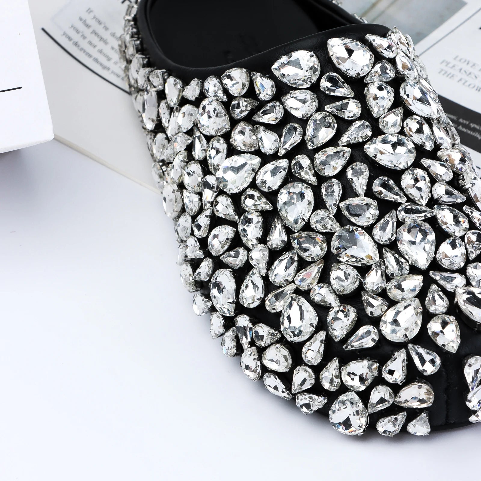 Designer Brand Handmade Rhinestone Flat Sandals Black Slippers Casual Vacation Loafers Shoes Women's Wedding Dress Shoes