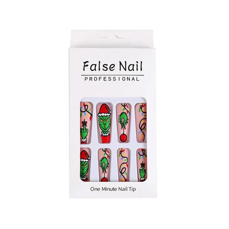 3D fake nails for Christmas party long french coffin tips snowflake christmas tree faux ongles press on acrylic false nail set 820 with box