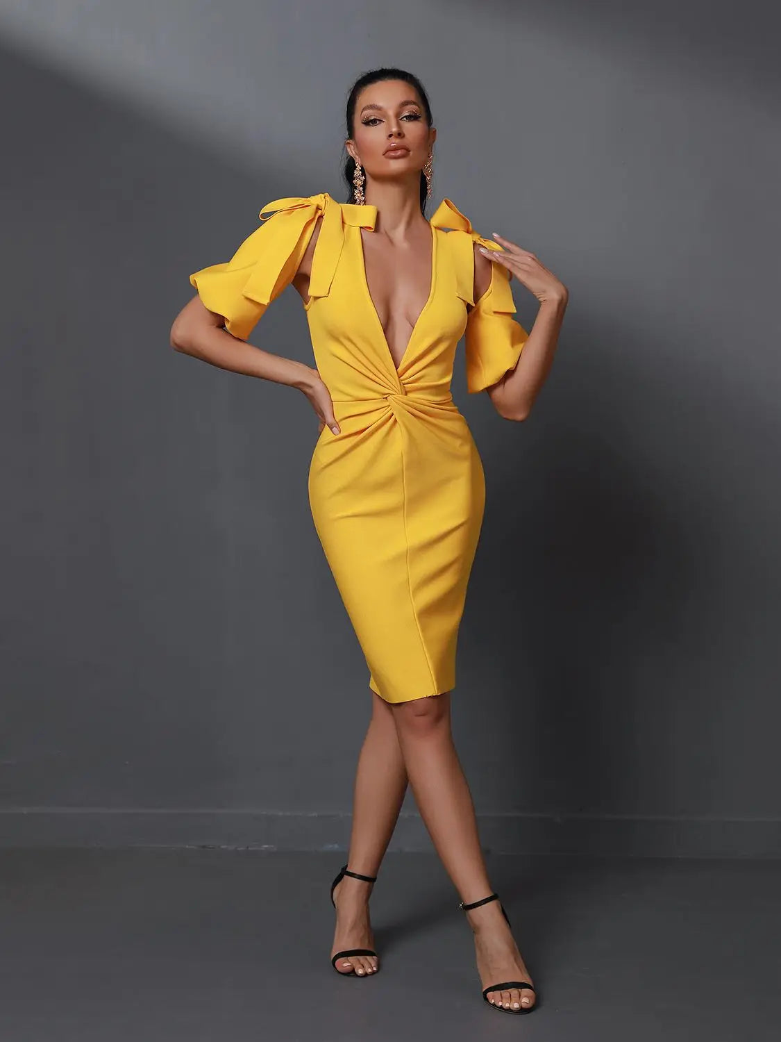Yellow Bandage Dress Women Sexy Party Dress Bodycon Elegant Draped Deep v Neck Birthday Evening Club Outfits Summer 2023