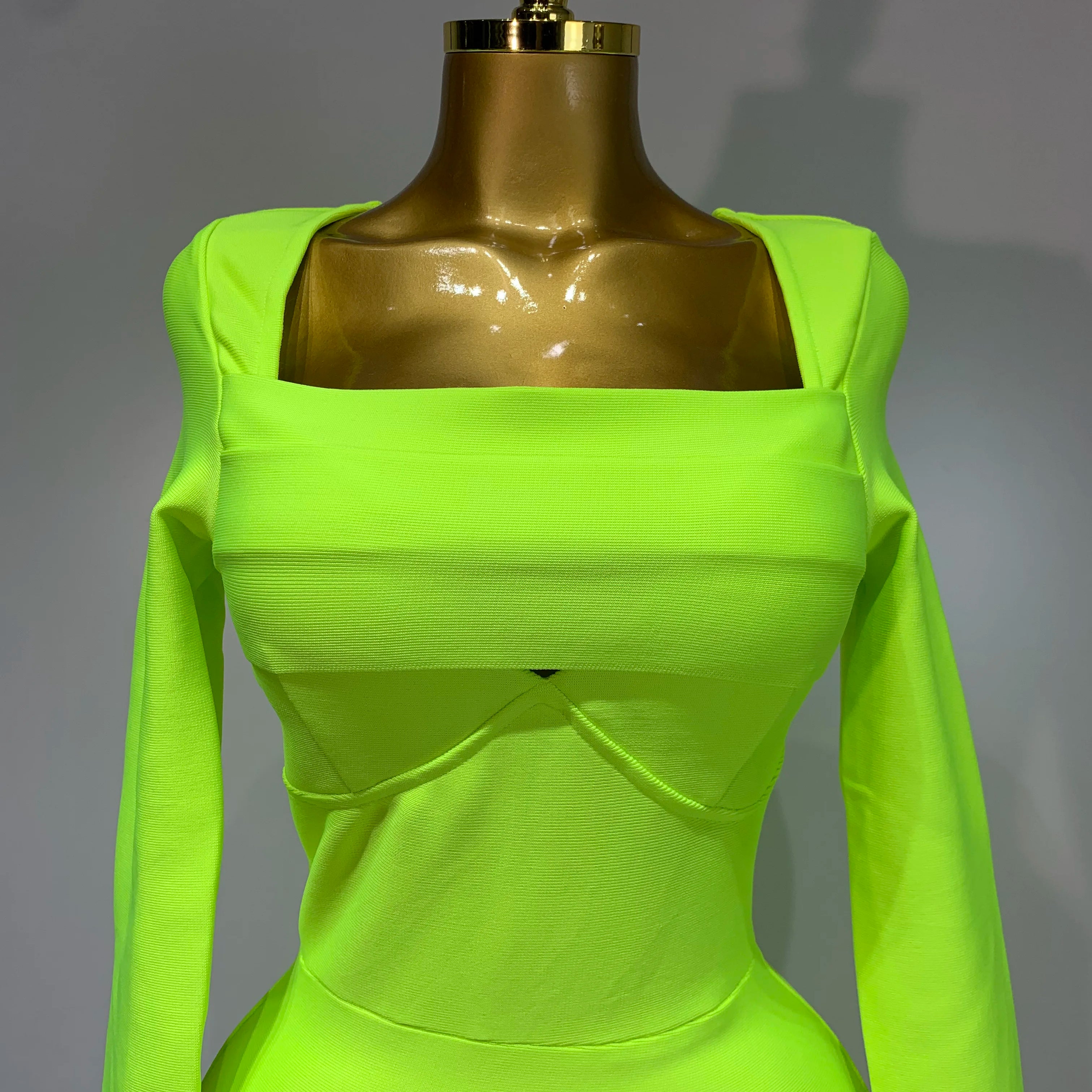 Women Sexy Long Sleeve Square Collar Fluorescent Green Midi Bodycon Bandage Dress 2025 Elegant Evening Birthday Party Dresses