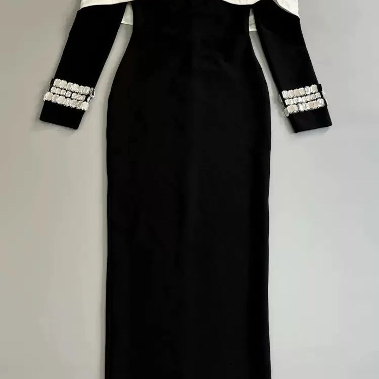 Sexy Off The Shoulder Luxury Diamonds White Patchwork Black Long Bandage Dress Elegant Woman Party Dress Wedding Party  Vestido