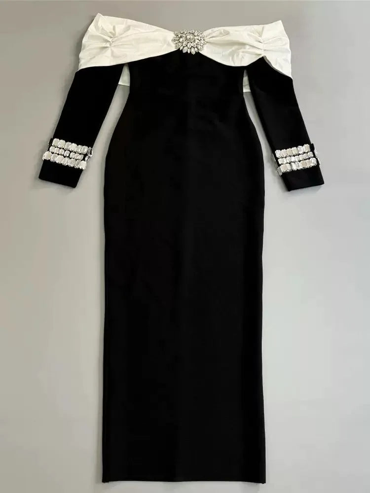 Sexy Off The Shoulder Luxury Diamonds White Patchwork Black Long Bandage Dress Elegant Woman Party Dress Wedding Party  Vestido