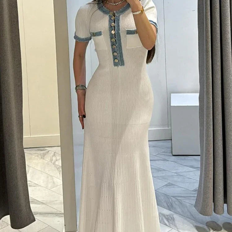Elegant V Neck Denim Patchwork Knitted Long Dress Women Fashion Short Sleeved Buttons Bodycon Dresses Office Lady Pockets Robes