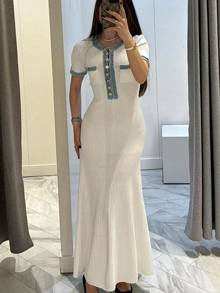 Elegant V Neck Denim Patchwork Knitted Long Dress Women Fashion Short Sleeved Buttons Bodycon Dresses Office Lady Pockets Robes