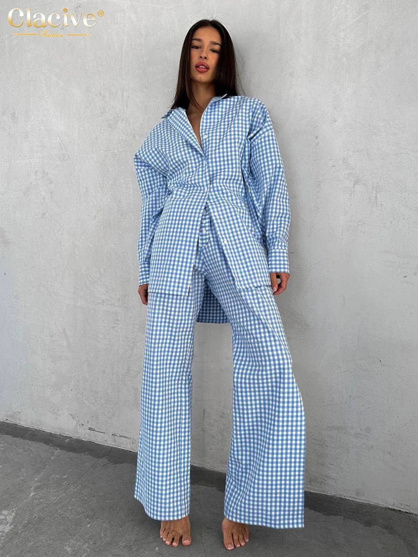 Clacive Fashion Loose Blue Stripe Cotton 2 Piece Sets Women Outfit Elegant Long Sleeve Shirt With High Waist Wide Pants Set Blue