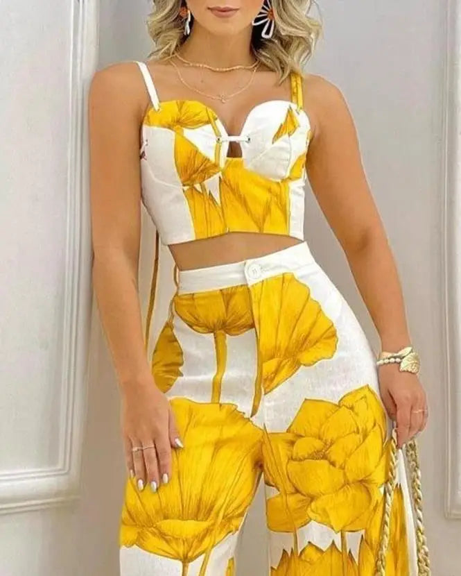 Two Piece Sets Womens Outifits Spring Fashion Plants Print Sleeveless Crop Cami Top & Casual Wide Leg Vacation Pants Set