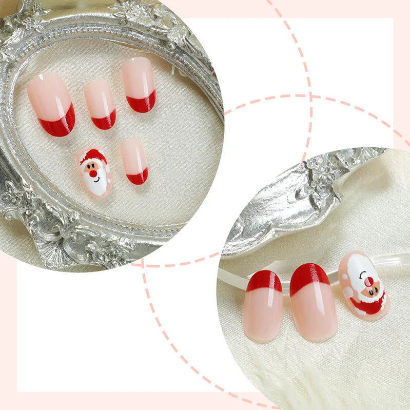 Cartoon Santas/Snowman Christmas Fake Nails 24Pcs Short Square Nude Pink Press On Nails Love Printed New Year Party Nails Art