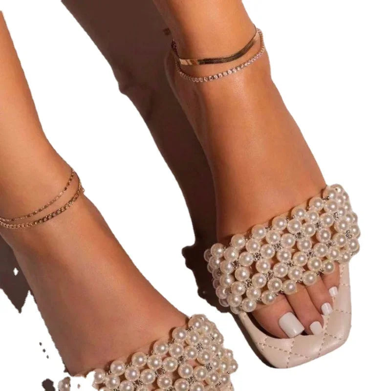Spring and Summer Women's Pearl Rhinestones Women's All-match Casual Slippers Fashion Solid Flat Shoes Sandals