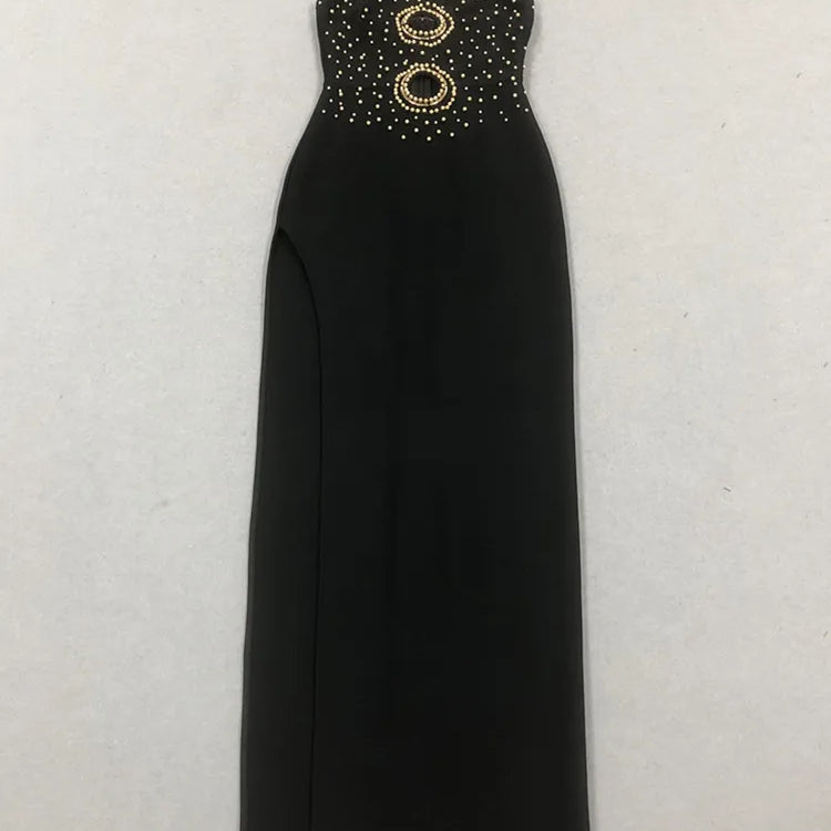 Women Sexy Backless Halter Pearl Black Maxi Long Beading Celebrity Bodycon Bandage Dress 2025 Elegant Evening Club Party Outfit