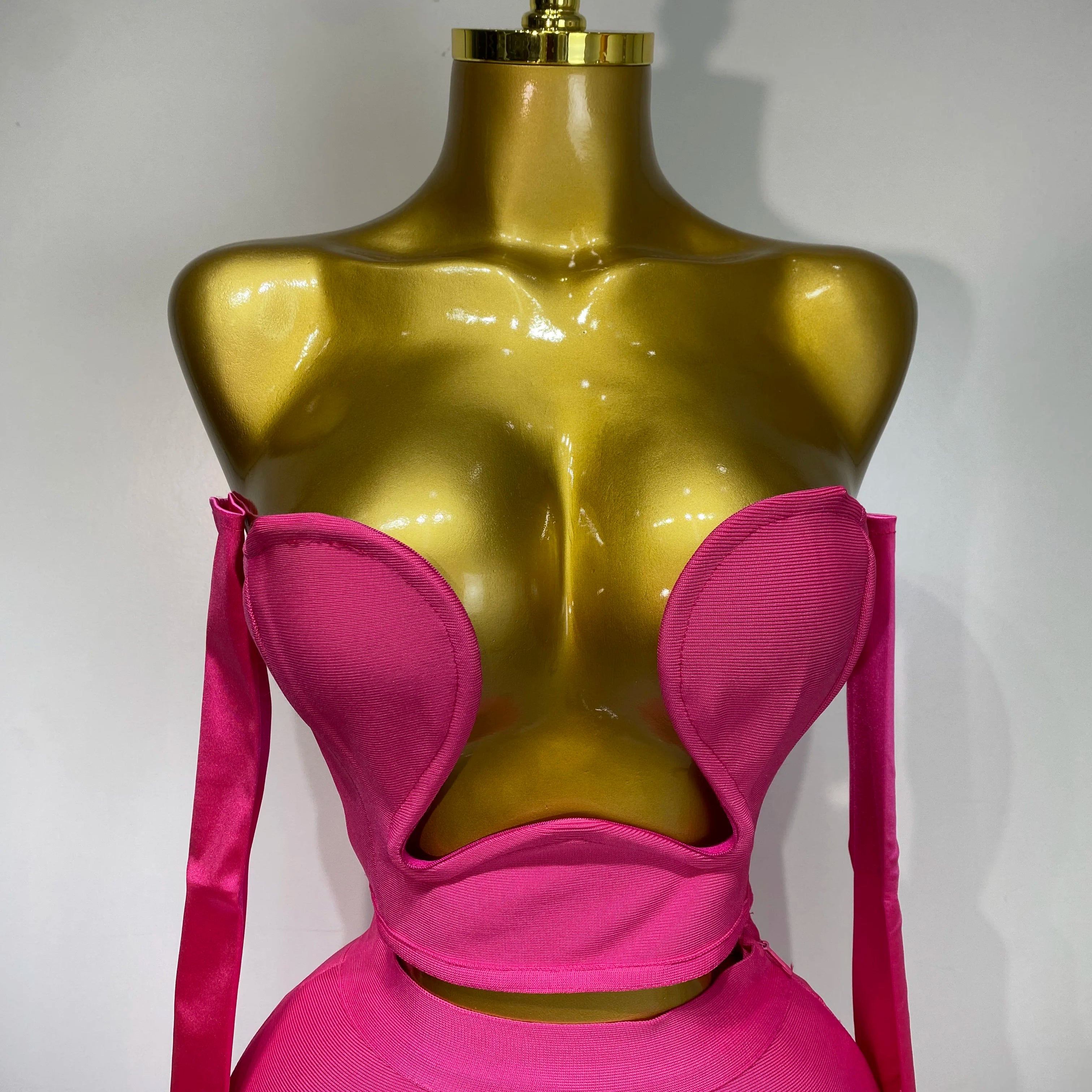 Women Sexy Strapless Backless Hot Pink Glove Pants Bandage Three Piece Suit Celebrity Designer Fashion High Street Pant Suits