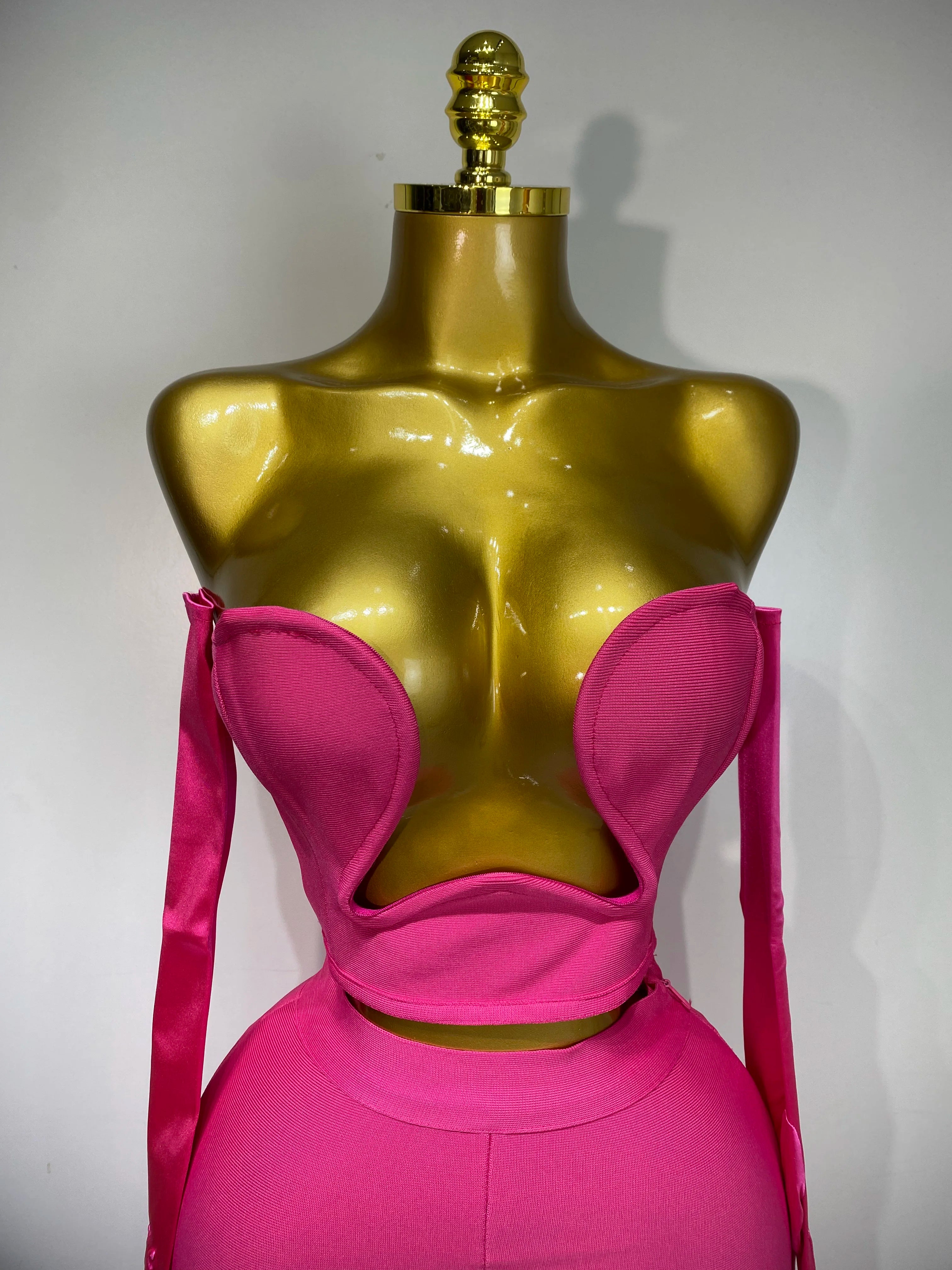 Women Sexy Strapless Backless Hot Pink Glove Pants Bandage Three Piece Suit Celebrity Designer Fashion High Street Pant Suits