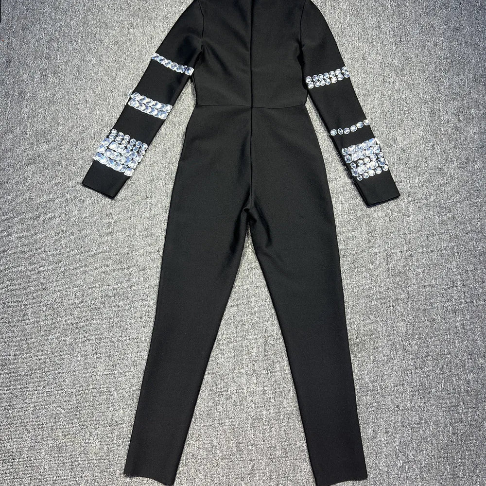 Macacão feminino de celebridades no tapete vermelho, manga longa, sexy, com cristais grandes, bandagem justa, para festa e boate