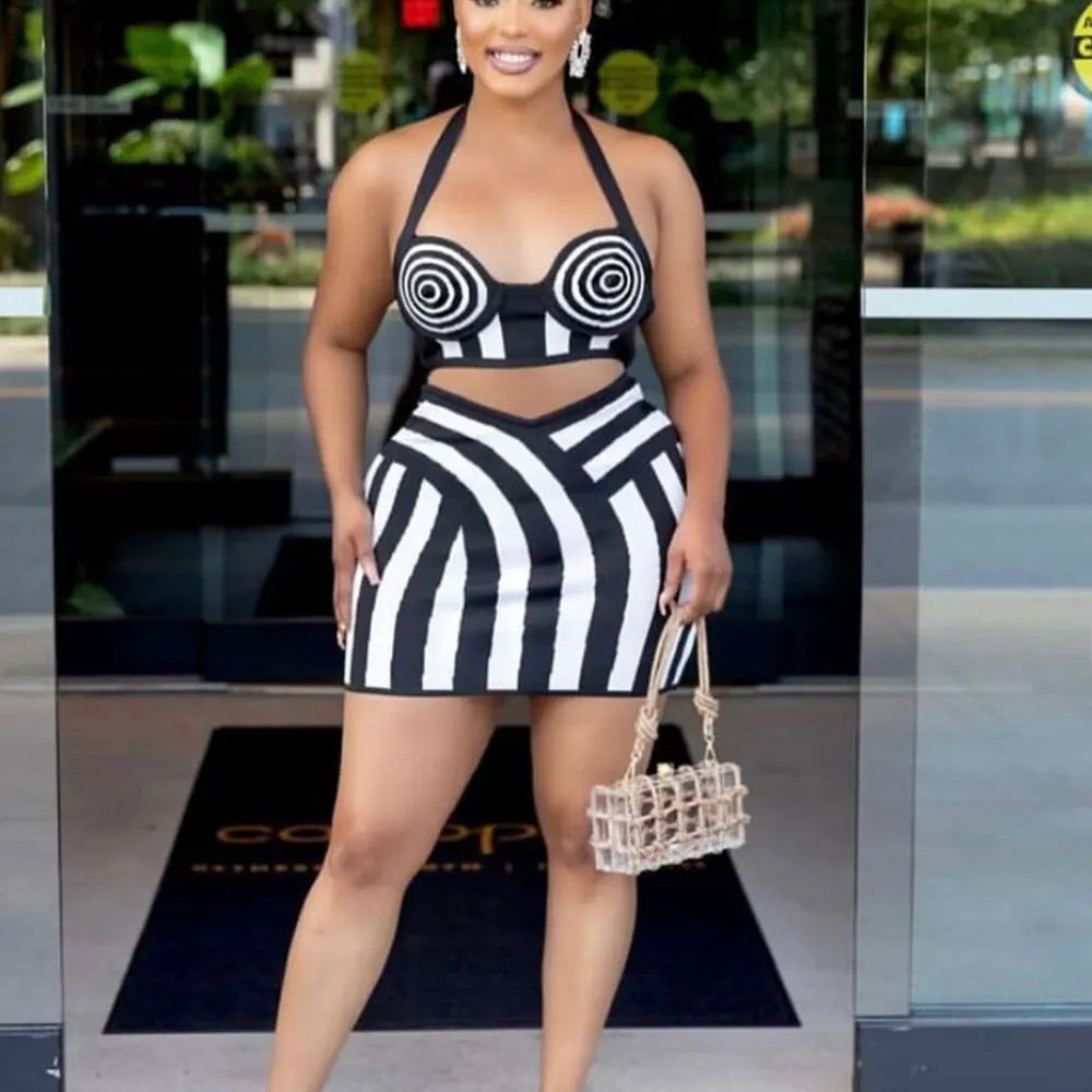 2024 Sexy Women'S Striped Short Skirt Set Hanging Neck Style Sleeveless Backless Ultra Short Vest Top+Mini Skirt Two-Piece Set