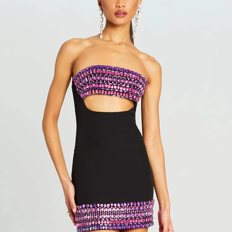 Women Celebrity Luxury Sexy Strapless Backless Pearl Cut Out Black Bodycon Bandage Dress Elegant Evening Club Party Outfit