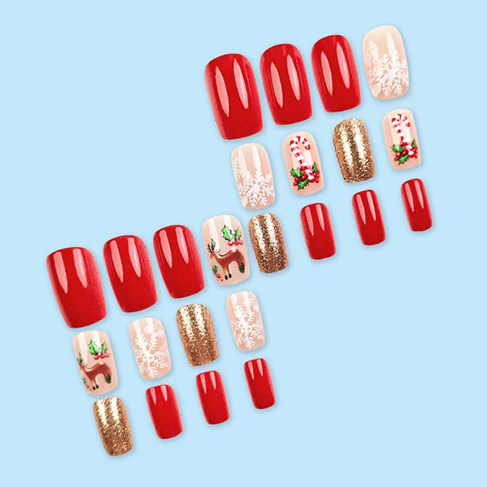 New Year Party Fake Nails Art 24Pcs Red Short Square Press On Nails Deer/Snowflake Printed Christmas False Nails Patches