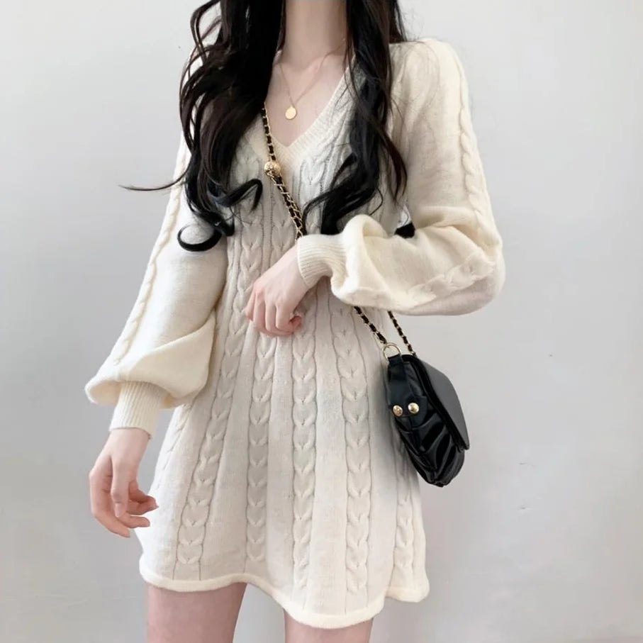 Knit Knitted Sweater Mini Dress Women Casual Lantern Sleeve Short Dresses Autumn Winter V-neck Outfits Female Apricot