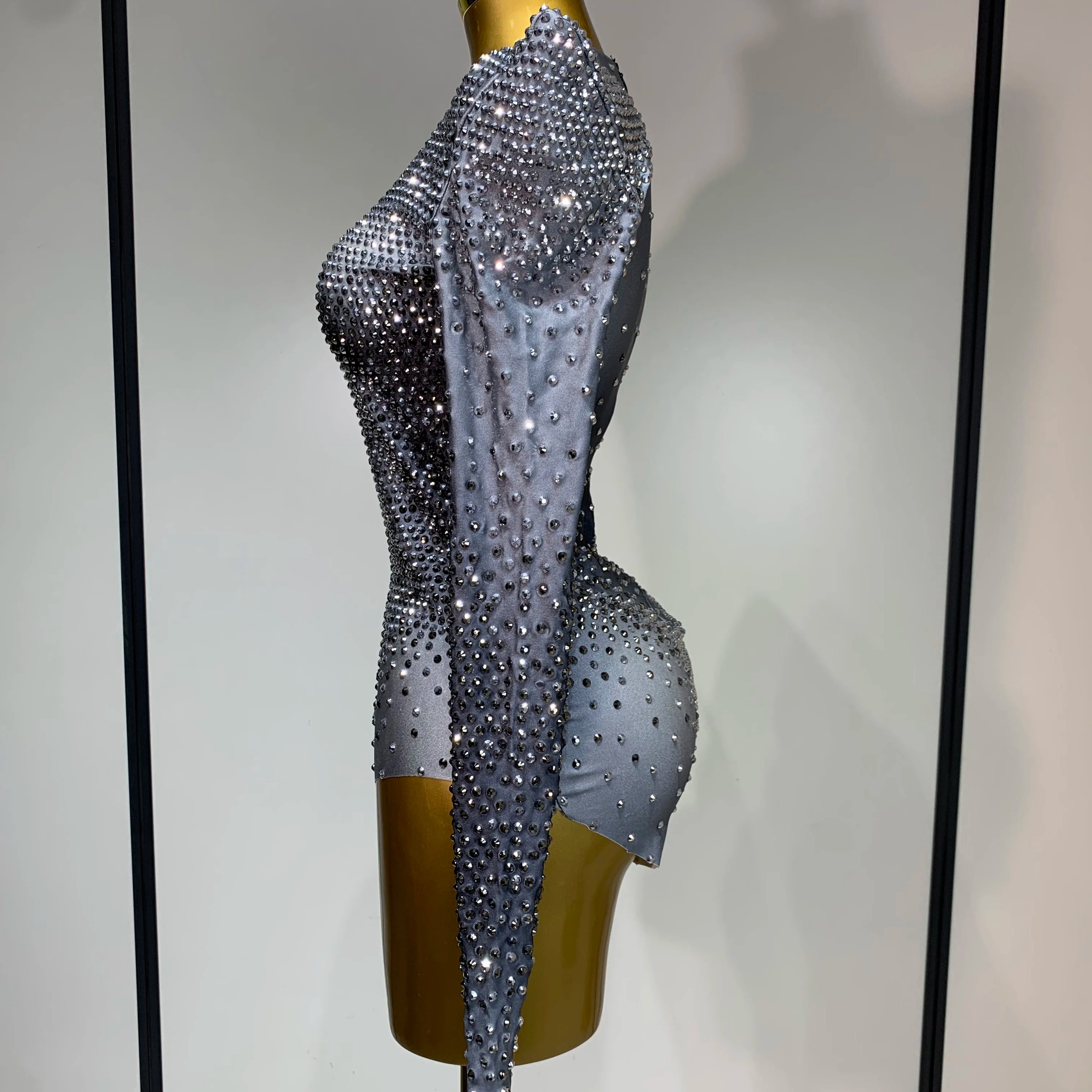 Sparkle Silver Rhinestones Stretch Bodysuits 2025 Women Luxury Birthday Evening Party Sexy Nightclub Singer Stage Costume