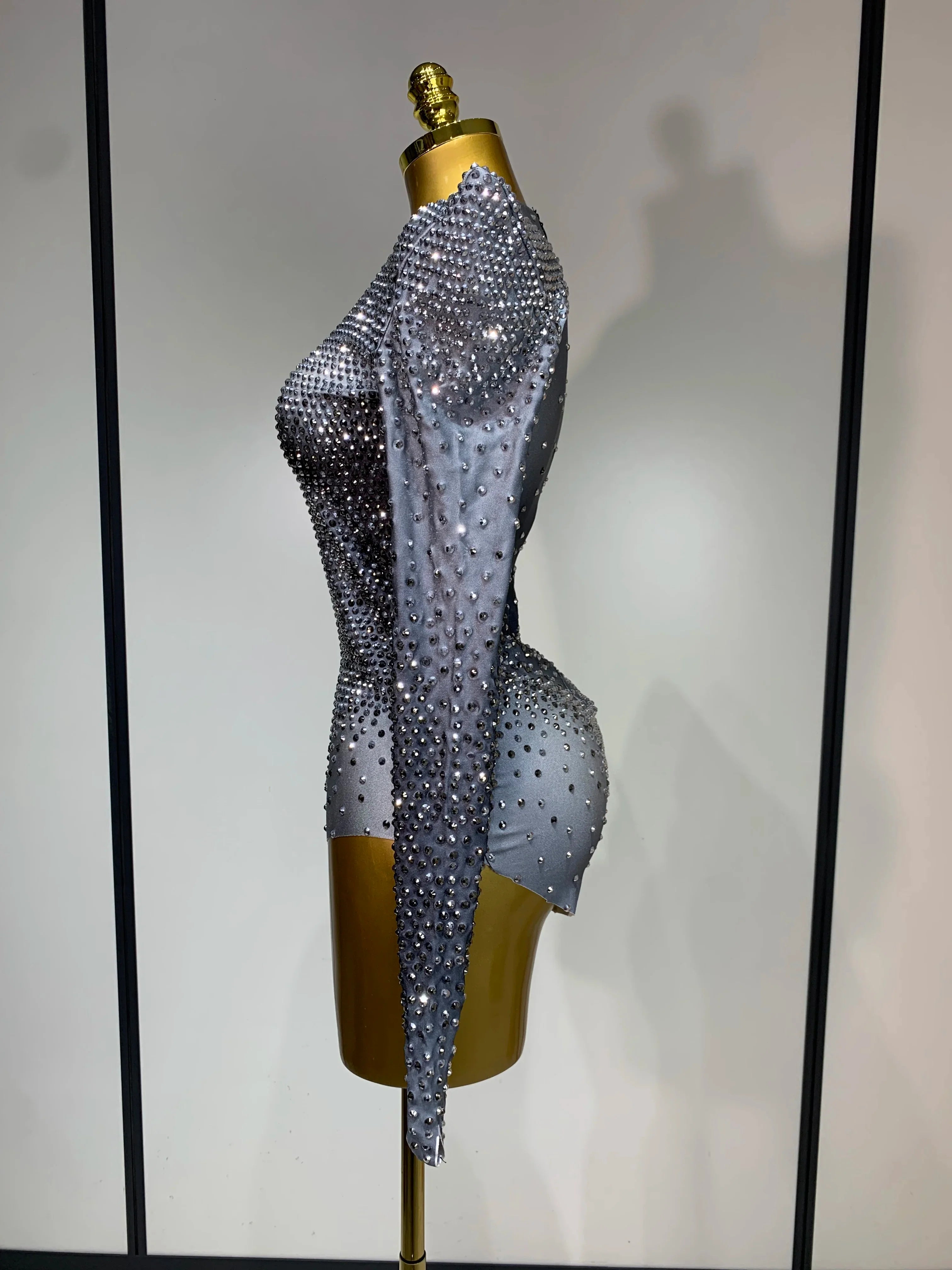 Sparkle Silver Rhinestones Stretch Bodysuits  Women Luxury Birthday Evening Party Sexy Nightclub Singer Stage Costume