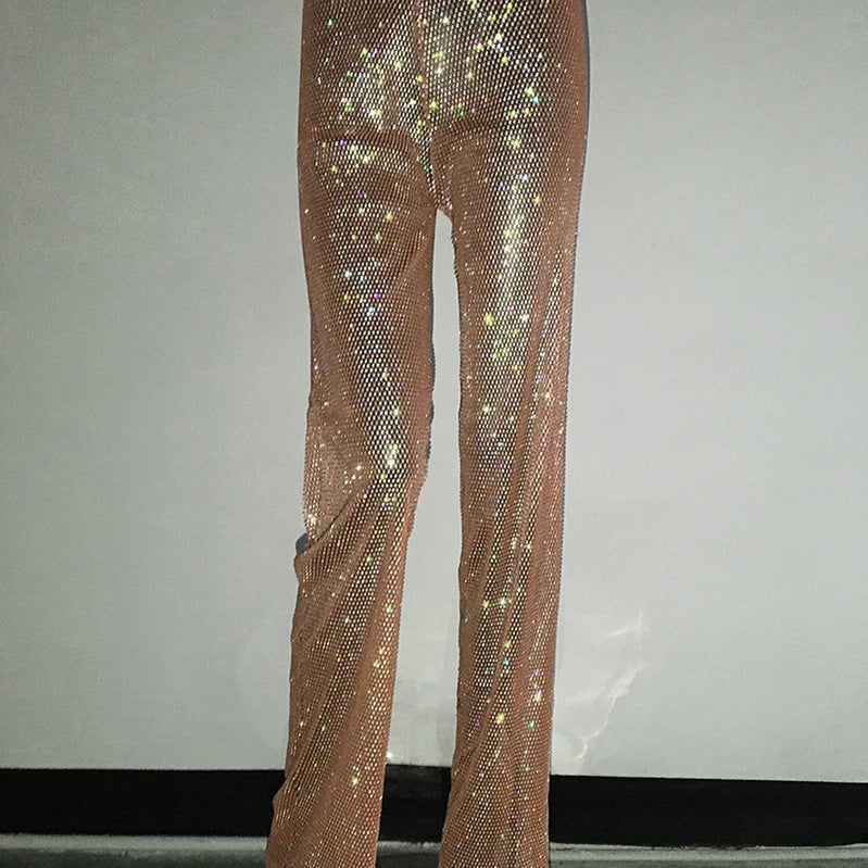 Fashion Sexy Glitter Crystal Diamonds Fishnet Women Pant See Through High Waist Pant Female Loose Hot Girl Party Clubwear Champagne One Size