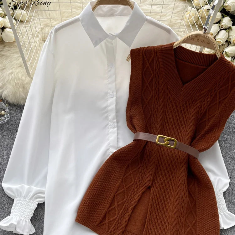 Office Lady Knitted Sweater Warm Thick Knit Vest+Single Breasted Lantern Sleeve Blouse Women Pullover Shirt Suits coffee One Size