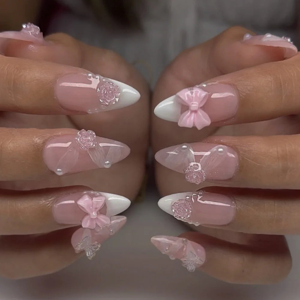 24pcs/set Short Medium fake nails for women girls 3D cute pink bow flowers leopard french square almond tips press on false nail