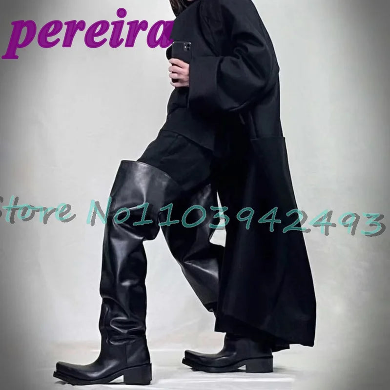 Black Wide Fit Boots Square Toe Botas Over-the-knee Man Women Autumn Winter Fashion Street Style Shoes Luxury Designer Booties