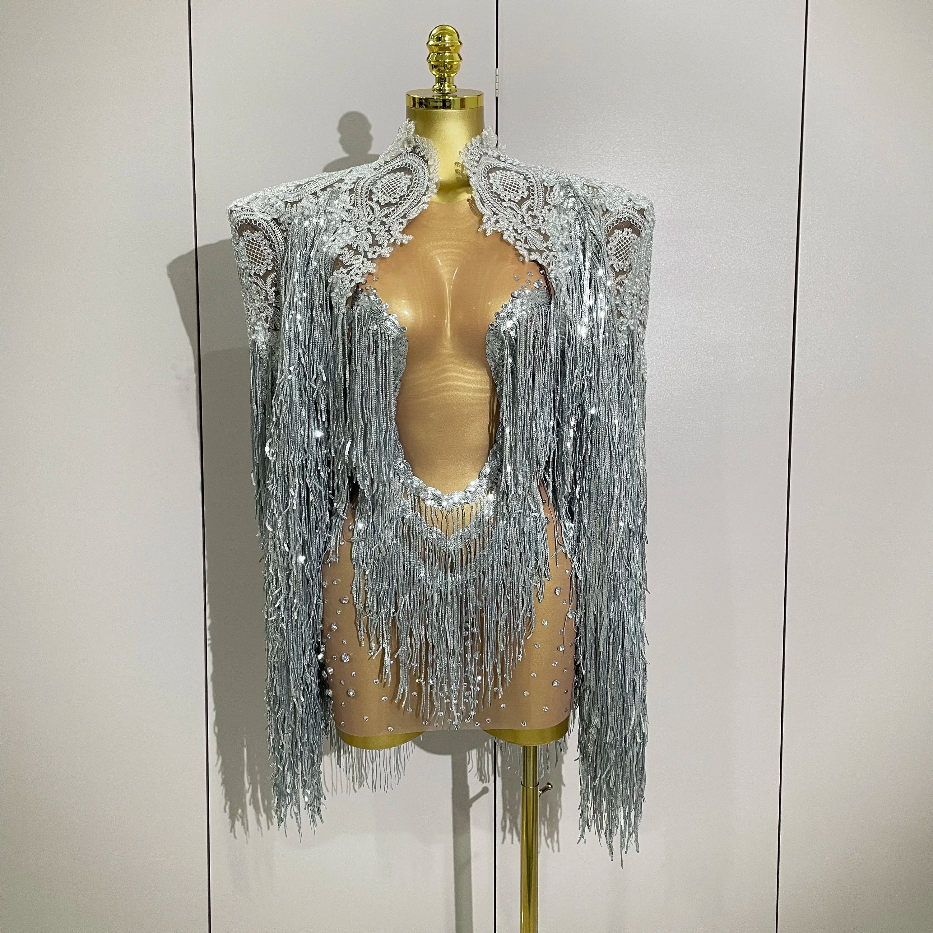 2025New Arrival Luxury Sparkly Rhinestone Sequin Tassel Coat Skirt 2Pcs Women Birthday Party Nightclub Stage Performance Costume