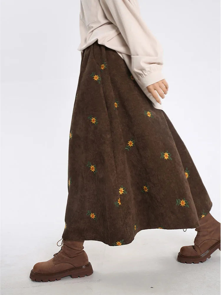 Korean Style High Waist Corduroy Embroidery Long Skirt Women Autumn Winter Loose Floral A-line Skirt Casual Retro Skirt Elegant Coffee One Size