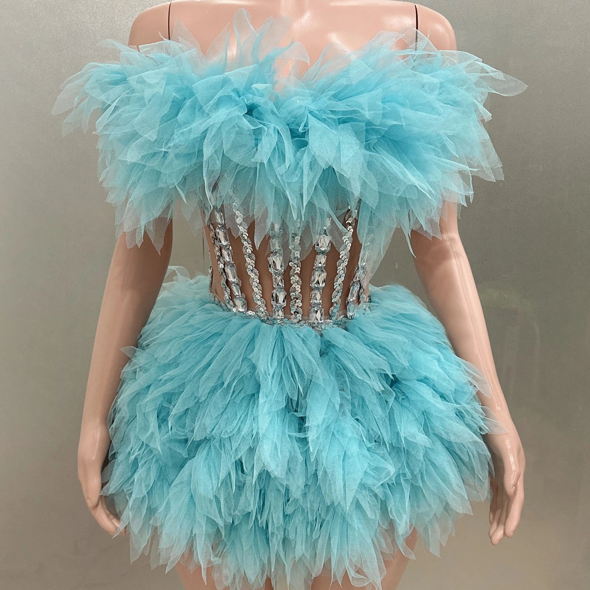 Hot Sale Women Sexy Mesh Ruffles Ball Gown Mini 2 Pieces Dress Lace-up Crystal Birthday Party Celebrate Nightclub Wear