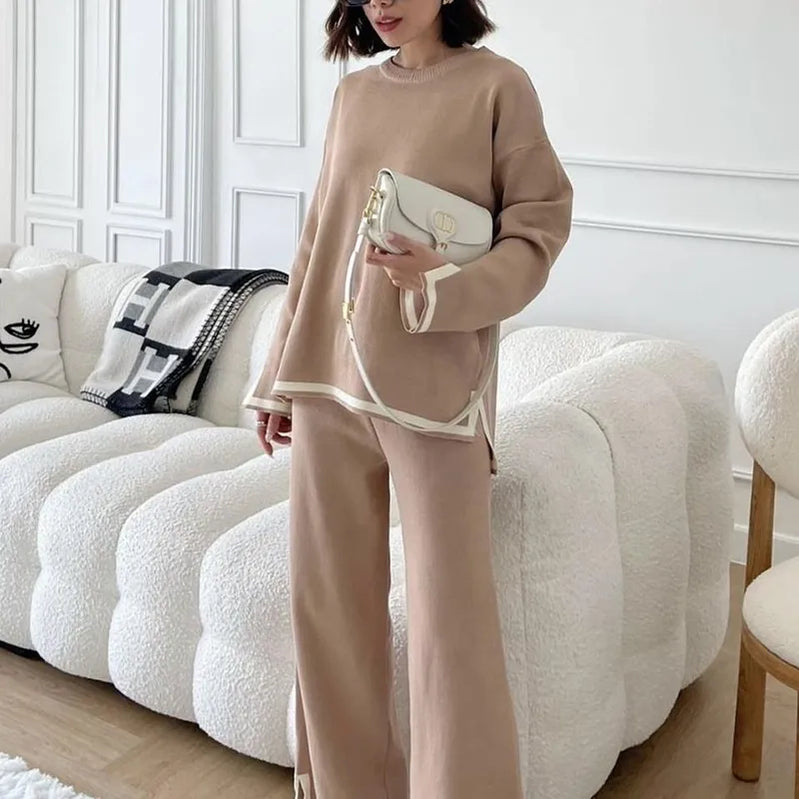Autumn Winter O-neck Long Sleeve Side Slit Pullover Sweater+high Waist Wide Leg Pants Two Piece Set Women Casual Tracksuit