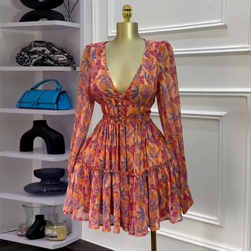 CM.YAYA Women V-neck Long Sleeve Pleated Mini Dress Sweet Elegant Floral Print Sexy Birthday Beach Night Party Vestidos Dresses