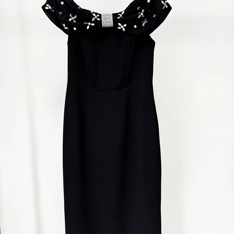 Black White Color Women Sexy Slash Neck Off the Shoulder Bodycon Mid-calf Dress Shinning Crystal Celebrate Evening Party Outfit