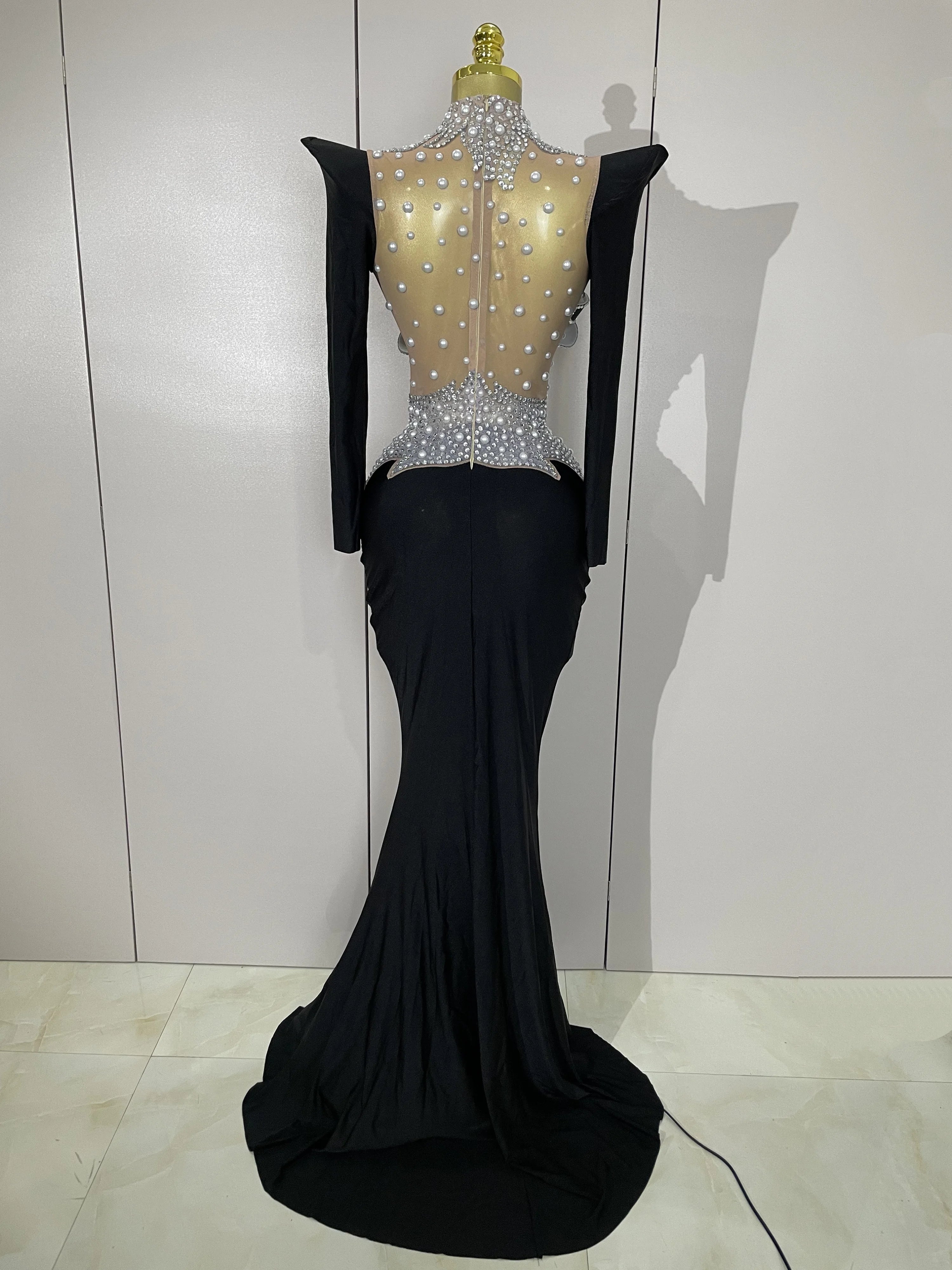 Sparkly Diamonds Pearl Black Sexy See Through Mesh Long Dress Women Wedding Evening Luxury Birthday Party Stage Photoshoot Dress