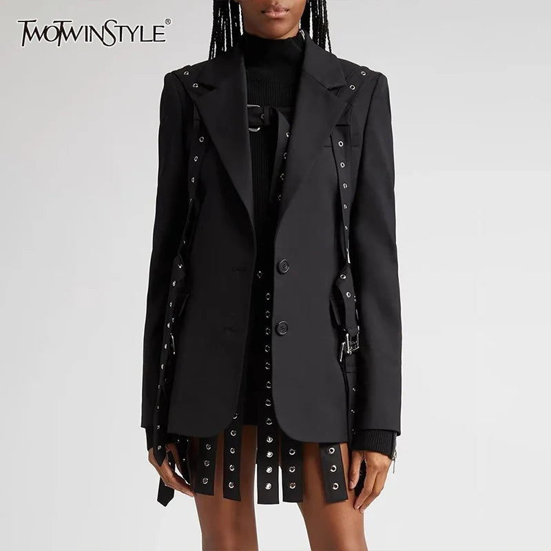 TWOTWINSTYLE Solid Patchwork Belts Blazers For Women Notched Collar Long Sleeve Patchwork Single Breasted Chic Blazer Female New