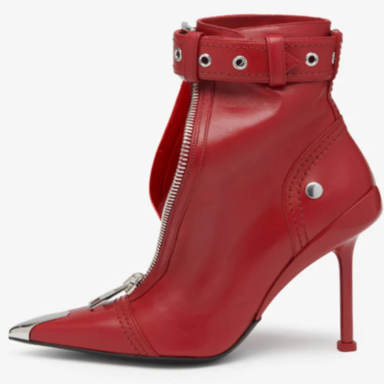 Women's Autumn and Winter New High Heel Ankle Boots Fashion Pointed Zipper Belt Buckle Women's Boots Large Short Boot red