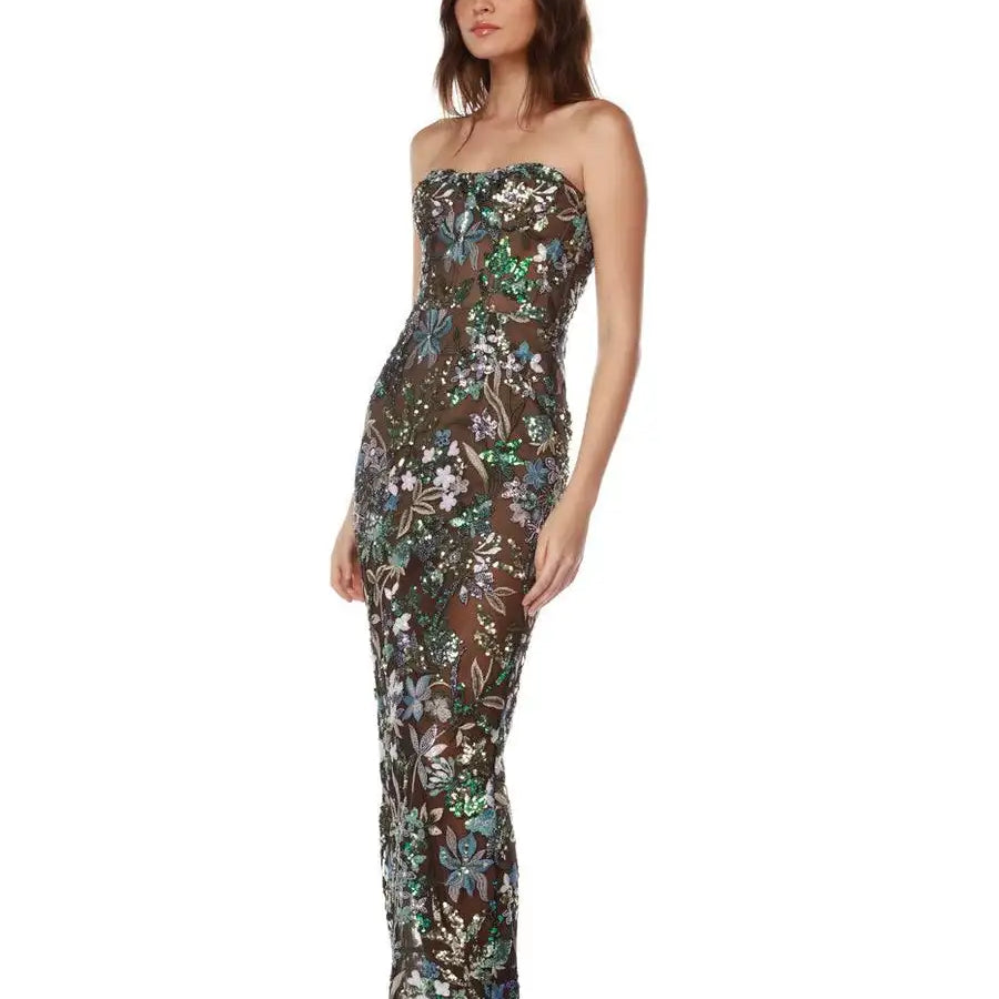 Sequin Flowers Embroidery Sexy Mesh See Through Strapless Ankle Length Dress Woman Party Evening Dress Celebrity Party Outfit